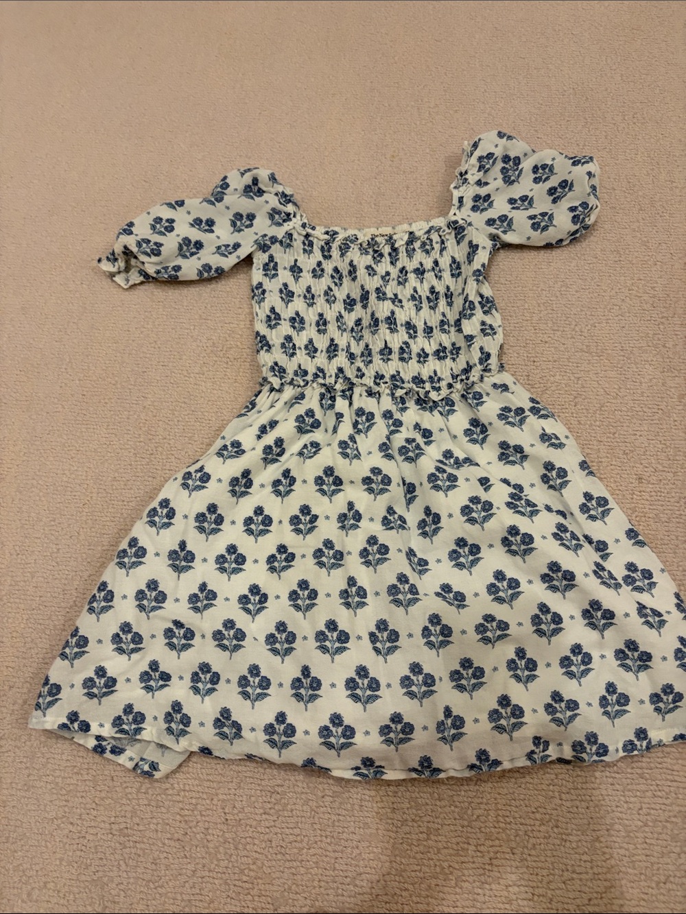 Girls White Dress with Blue Floral Print and Smocked Bodice